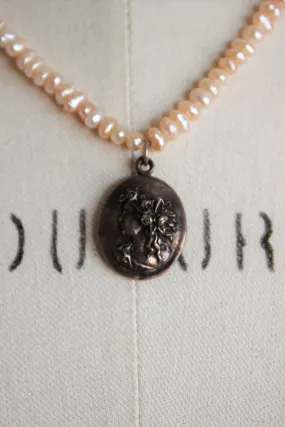 Vintage Pink Seed Pearl Necklace With Cameo