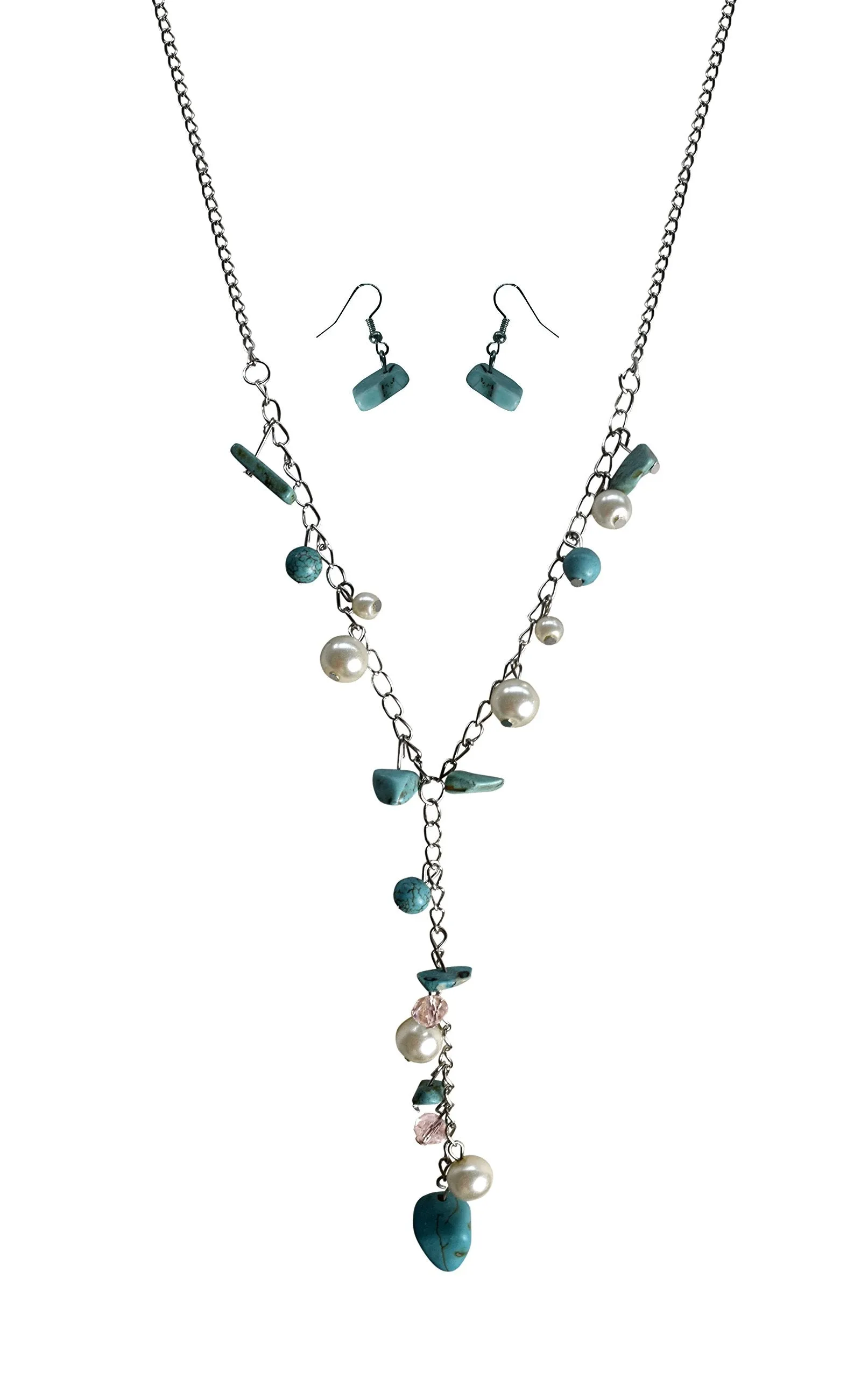 Women's Long Chain Turquoise Pearl Gem Charm Necklace Earrings Set