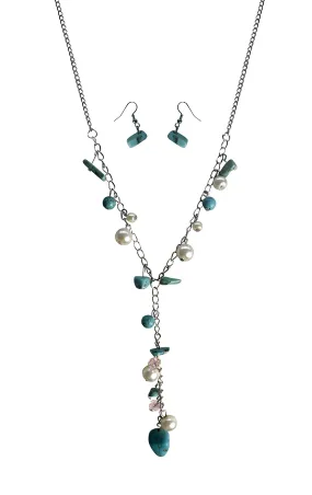 Women's Long Chain Turquoise Pearl Gem Charm Necklace Earrings Set