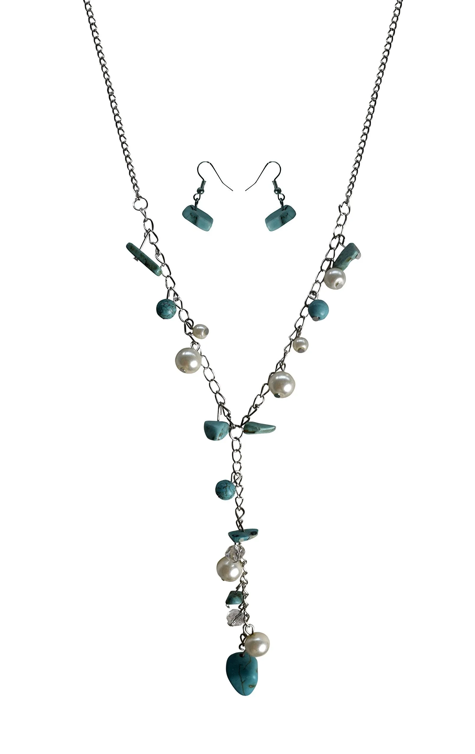 Women's Long Chain Turquoise Pearl Gem Charm Necklace Earrings Set