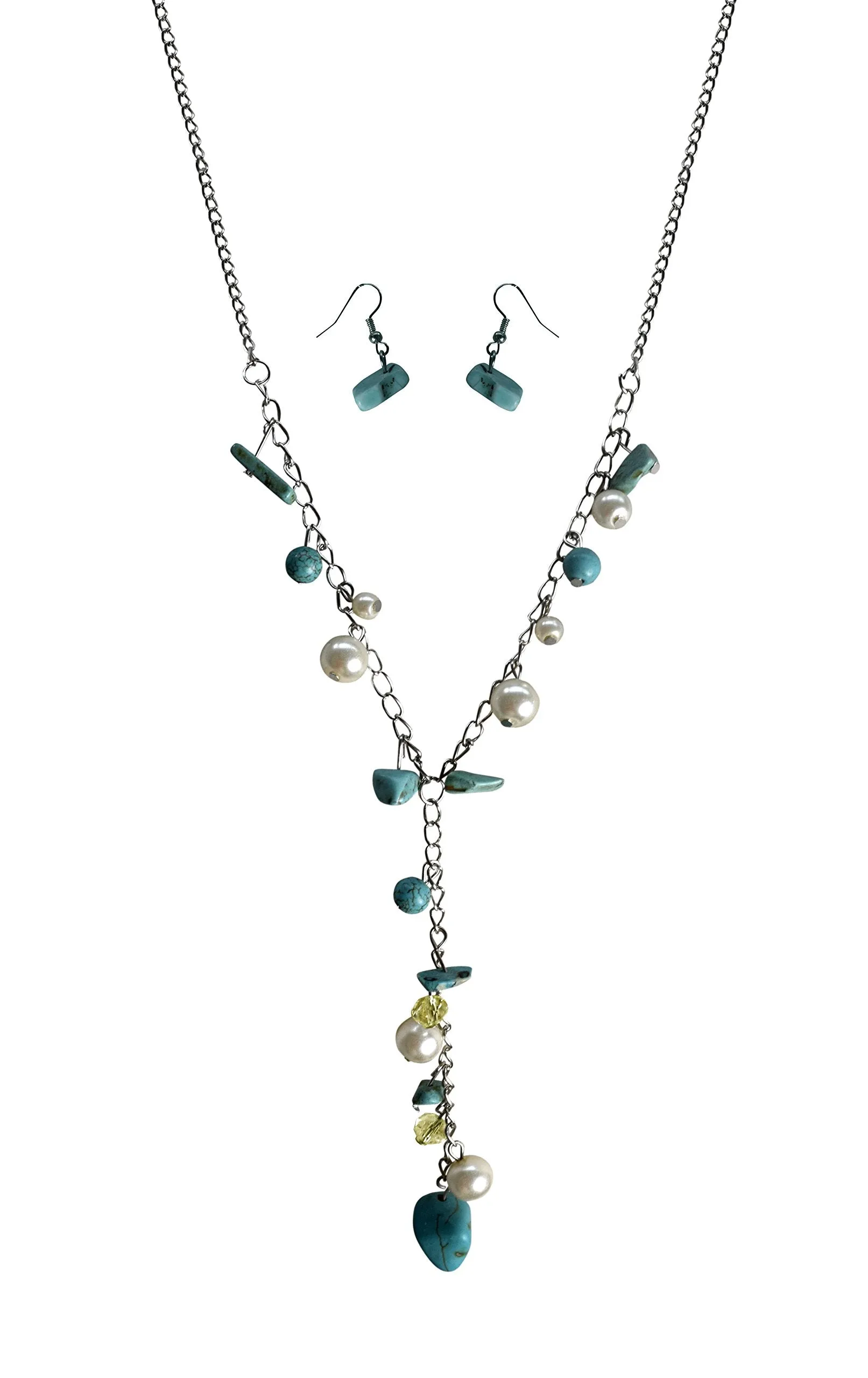 Women's Long Chain Turquoise Pearl Gem Charm Necklace Earrings Set