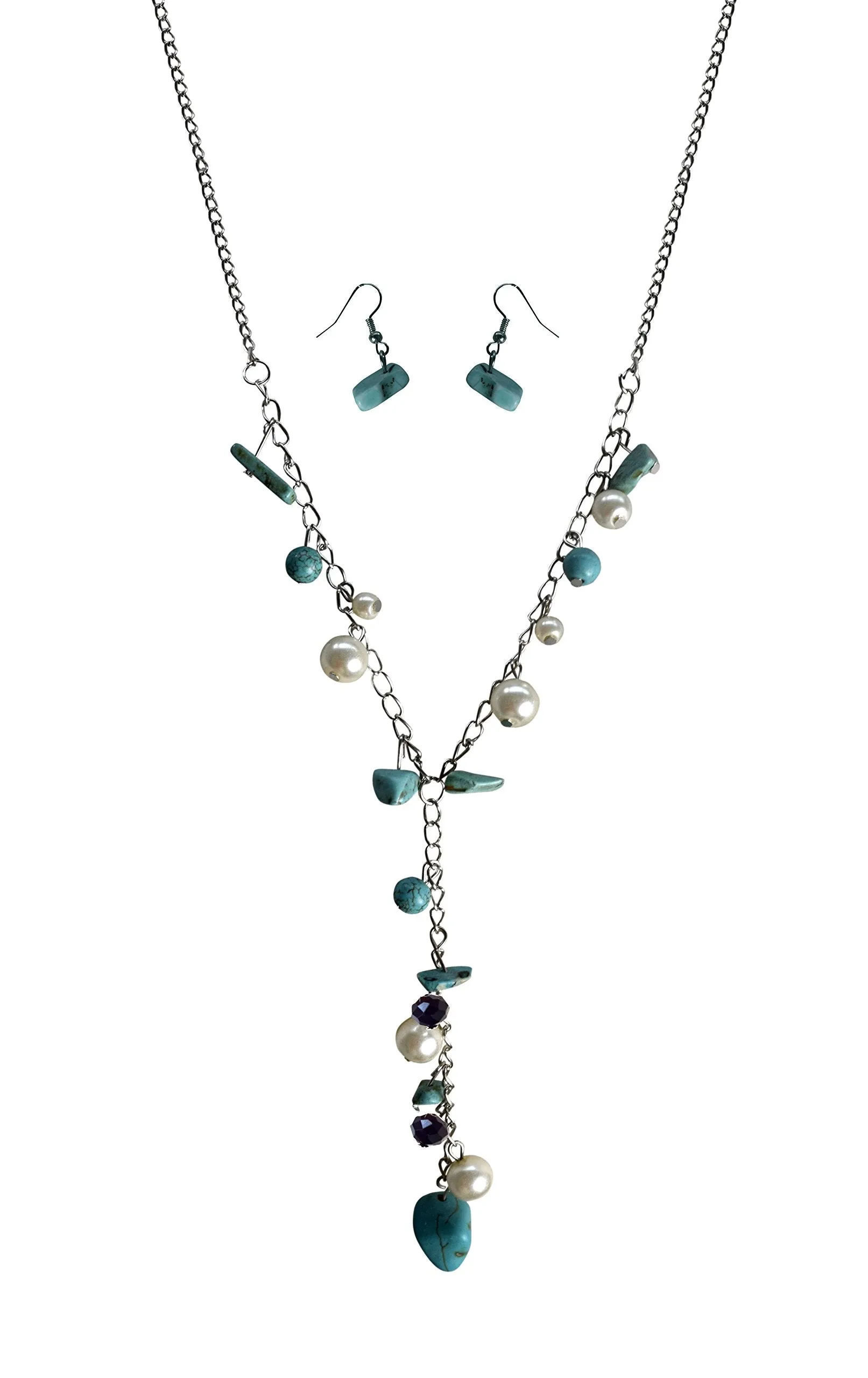 Women's Long Chain Turquoise Pearl Gem Charm Necklace Earrings Set